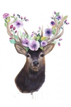 Roe deer head with flowers