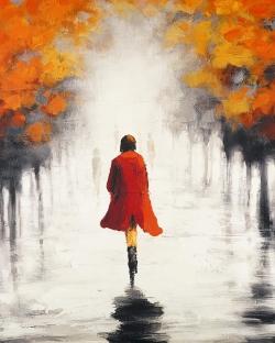 Woman with a red coat by fall