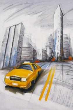 Yellow taxi and city sketch