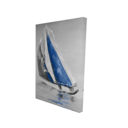 Gray and blue boat sailing