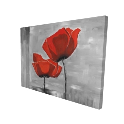 Two red flowers on a grayscale background