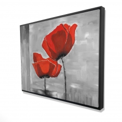 Two red flowers on a grayscale background