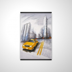 Yellow taxi and city sketch