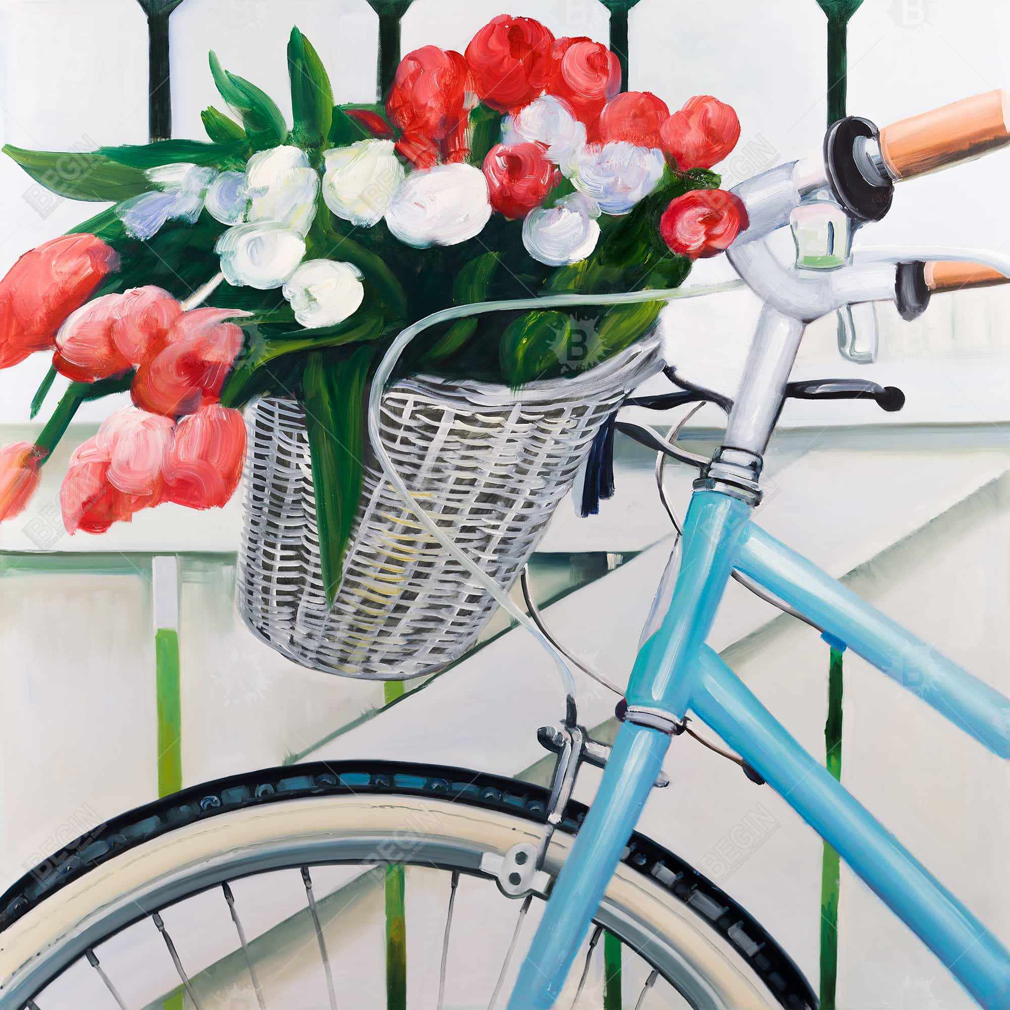 Bicycle with tulips flowers in basket