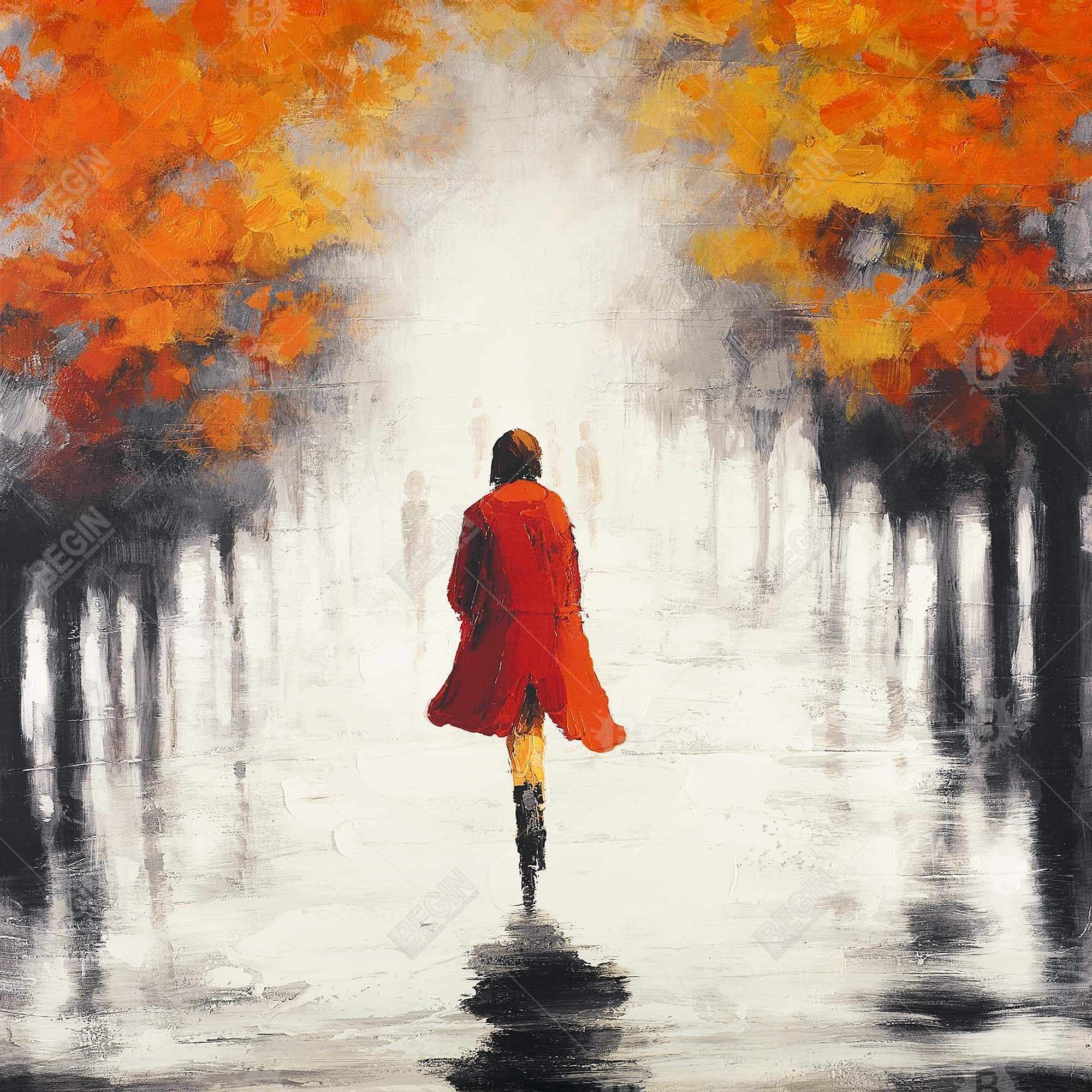 Woman with a red coat by fall