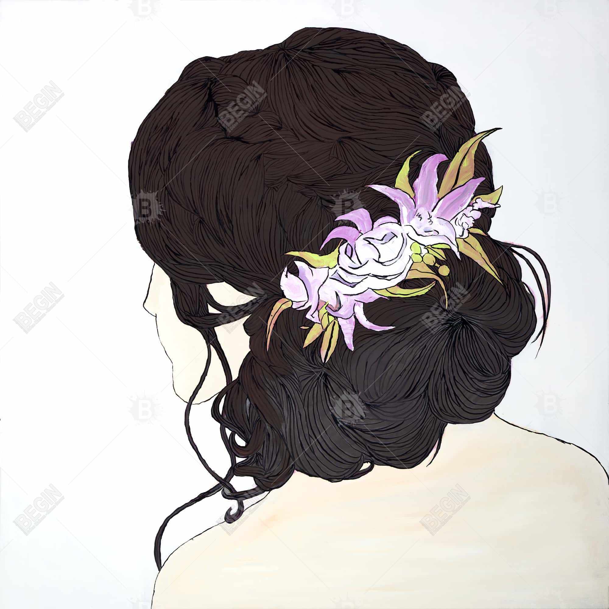 Woman from behind with pink flowers